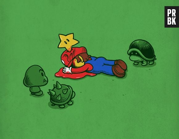 Mario sendo atacado por uma estrelinha shuriken.