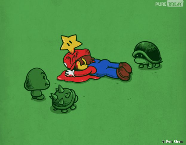 Mario sendo atacado por uma estrelinha shuriken.