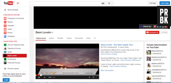 O perfil de Demi Lovato no Youtube também ficou todo preto