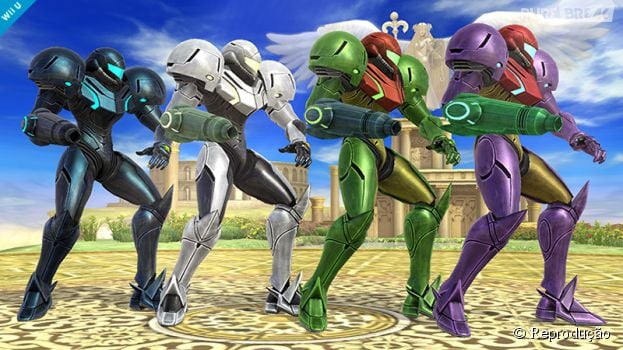 As cores da armadura de Samus em "Super Smash Bros"