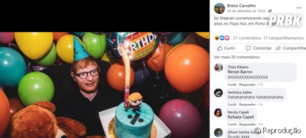 Ed Sheeran comemorando aniversário no Pizza Hut no Sul do Brasil