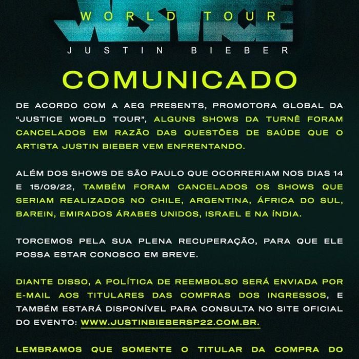Justin Bieber cancelou toda a Justice World Tour após Rock in Rio