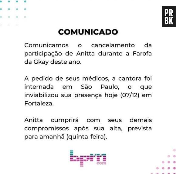 Comunicado oficial sobre show cancelado de Anitta na Farofa da Gkay