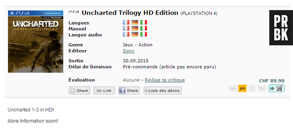 Printscreen do site listando "Uncharted: The Remastered Trilogy" para pré-compra