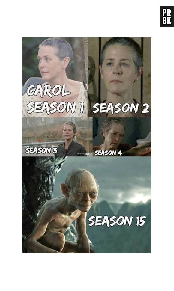 Carol (Melissa McBride) também não escapou da brincadeira, quem diria que ela se tornaria o Smeagol em "The Walking Dead"?!