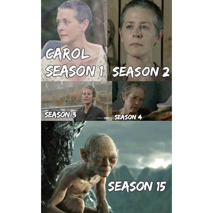 Carol (Melissa McBride) também não escapou da brincadeira, quem diria que ela se tornaria o Smeagol em &quot;The Walking Dead&quot;?!