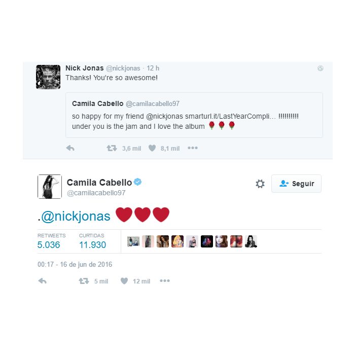 Nick Jonas e Camila Cabello trocaram elogios no Twitter e aumentaram mais ainda a expectativa de um relacionamento pelos fãs