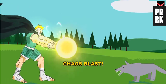 Butters se transforma no "Professor Chaos" e ganha mais 4 opções de magia. Na imagem, Chaos Blast é uma espécie de radouken misturado com kamehameha.