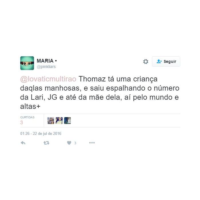 Fã se revolta com suposta atitude de Thomaz Costa, ex de Larissa Manoela, no Twitter