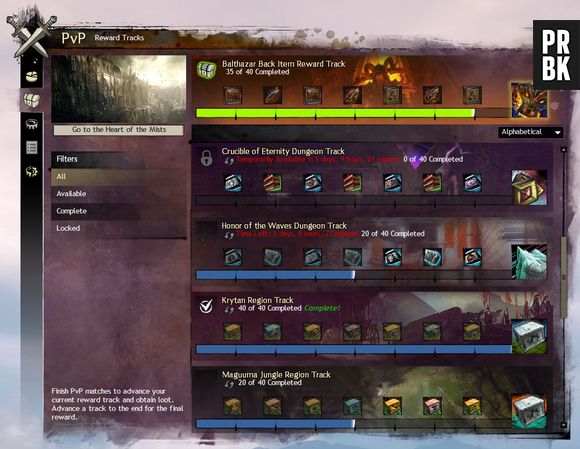 Painel para acompanhar o andamento de todas suas recompensas de PvP em "Guild Wars 2"