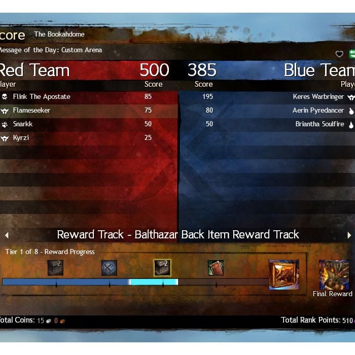  No jogo &quot;Guild Wars 2&quot;, a tela de pontos de recompensa indica quantos pontos sua equipe de PvP conquistou 