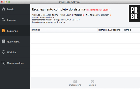 Após o escaneamento "Avast" te leva para a página de relatórios na qual você poderá excluir os arquivos contaminados