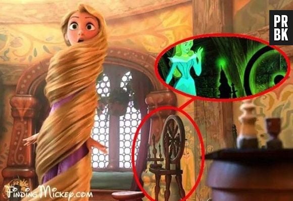 A roca em que a Bela Adormecida espeta o dedo aparece na torre da Rapunzel, no Filme "Enrolados"