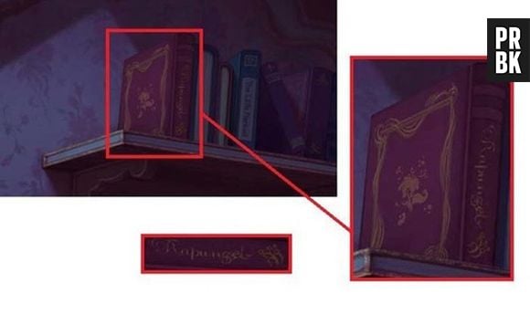 Um livro da Rapunzel aparece na estante em uma cena de "A Princesa e o Sapo"