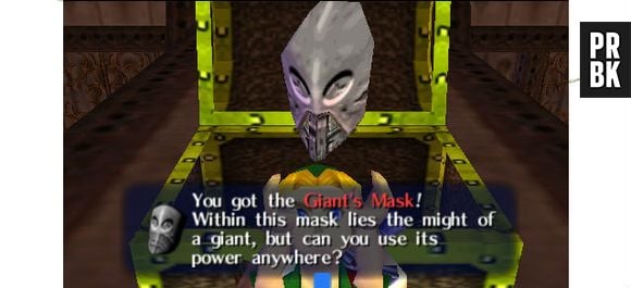 Link dobra de tamanho e fica mais resistente aos ataques inimigos usando a "Giant Mask", em "The Legends of Zelda: Majora's Mask"